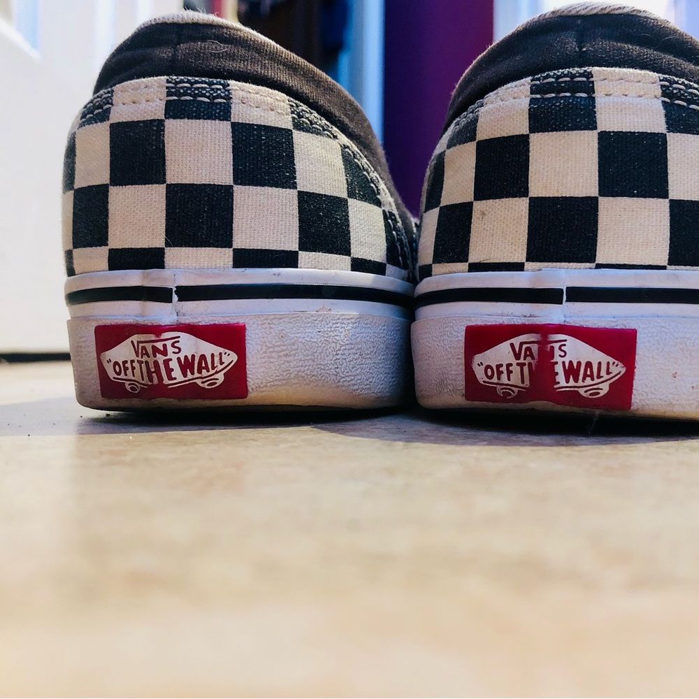 Vans Women's Black and White Checkered Slip-Ons with Pink Rose Embroidery - Picture 2 of 6